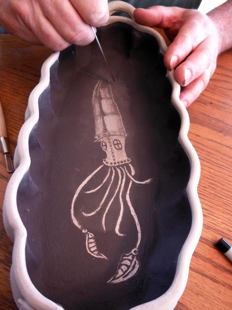 Sgraffitto steampunk squid platter